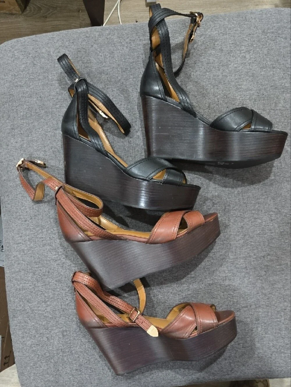 2 Pairs Of Coach Women's Leather Wedge Sandals in Black and Brown